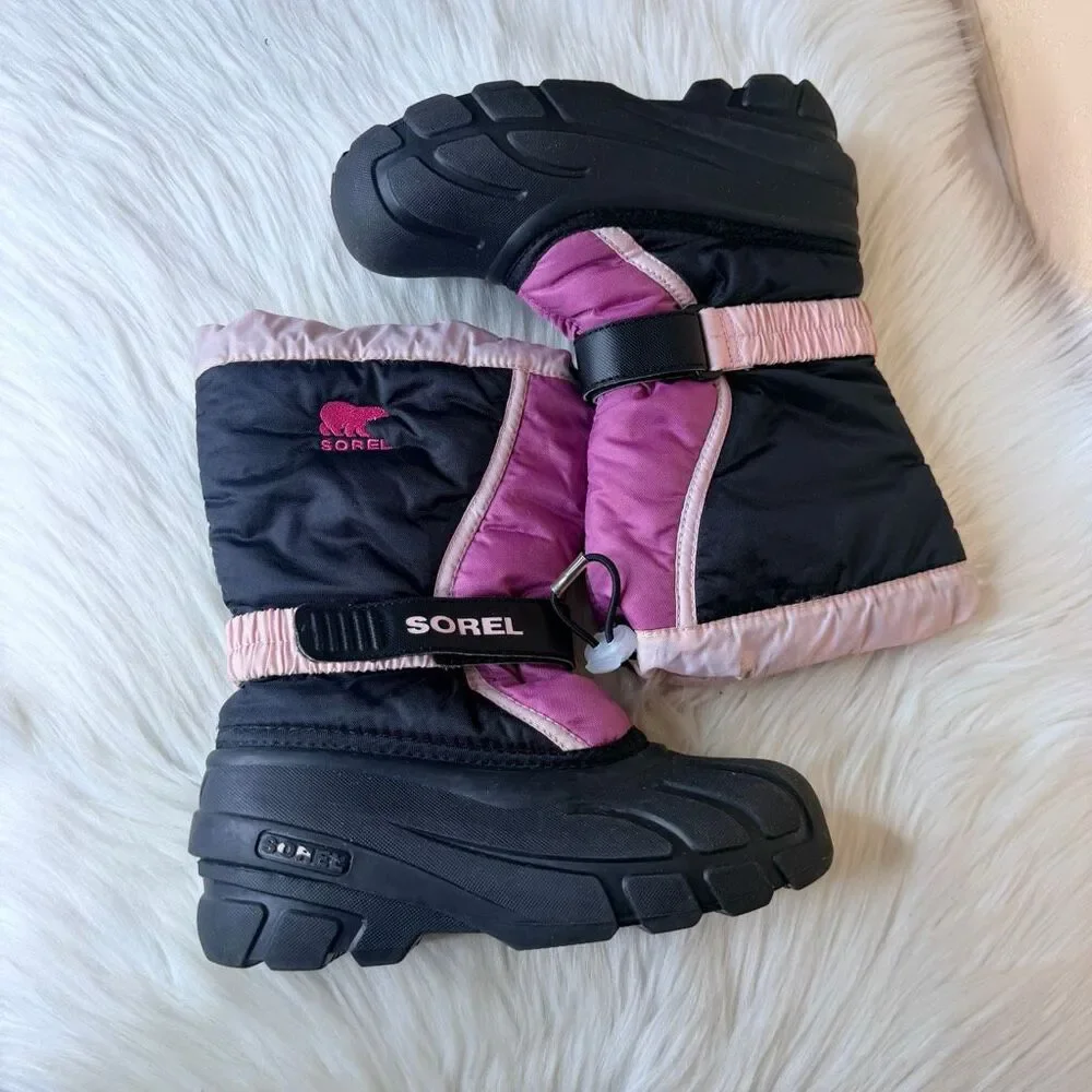 Sorel Flurry Pink Black Winter Lined Snow Boots Size 2